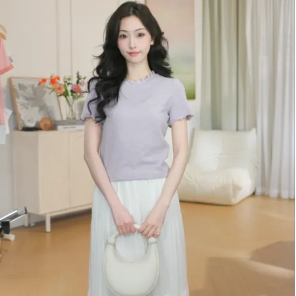 【茵曼服装】茵曼夏季法式荷叶边T恤时尚百搭圆领短袖上衣F18529075