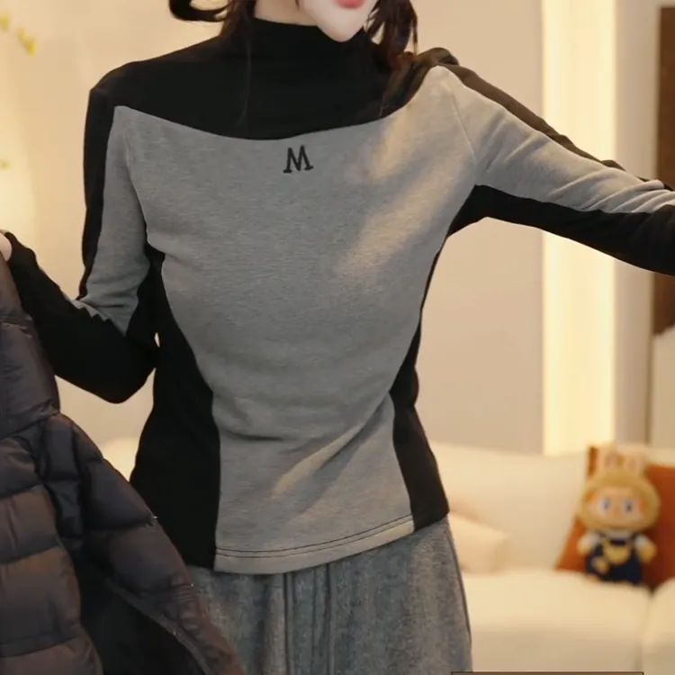 【温柔可视】设计师秋冬拼色半高领加绒舒适打底T恤LK2507629