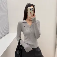 高级老钱风排扣polo领针织衫女秋季新款修身显瘦刺绣上衣