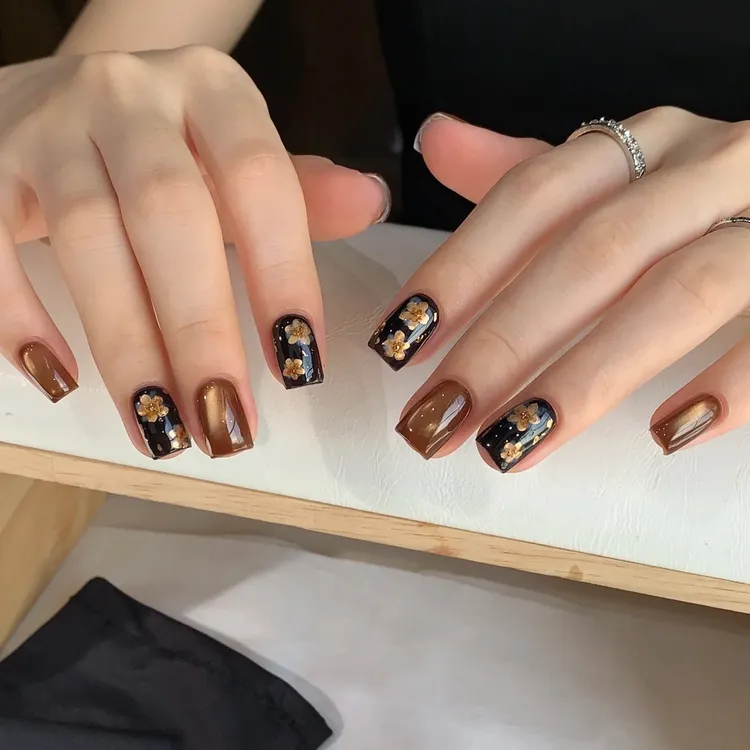 【复古金花】秋冬高级玻璃珠猫眼美甲穿戴甲短款气质显白手工穿戴甲