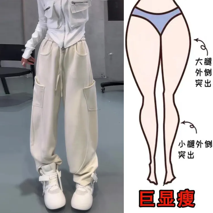 早春新款简约百搭侧口袋抽绳设计运动风遮肉显瘦松紧腰阔腿卫裤