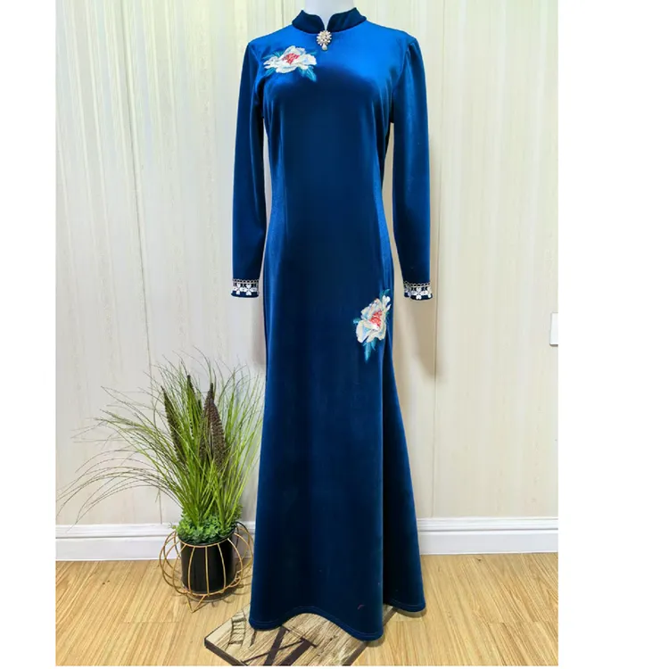 优雅长款旗袍鱼尾2024冬装款女改良中国风丝绒绣花礼服修身连衣裙