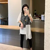 【欧货提花假两件】（衣长93左右胸围108左右）短袖蕾丝时尚夏季显瘦