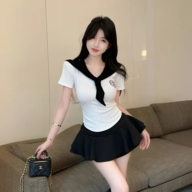 辣妹学院风海军领jk制服套装夏季收腰短袖白色上衣高腰短裙两件套