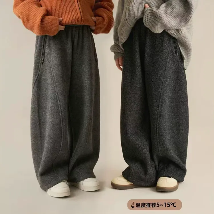 儿童加绒阔腿裤秋冬款显腿长休闲裤亲子装弯刀裤宽松男女童裤子