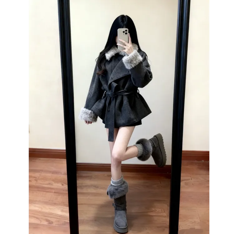 气质宽松型纯色翻领毛呢外套百搭西装女装呢大衣冬季小个子外套