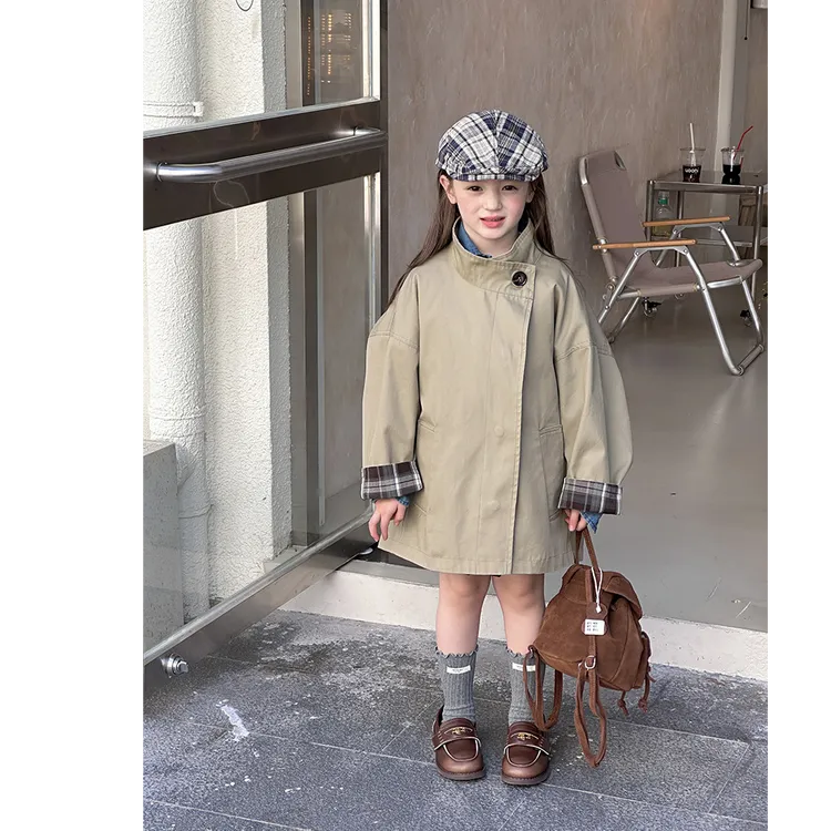 【韩系】儿童女童韩版中长款高密精梳竹节斜棉风衣外套25F002