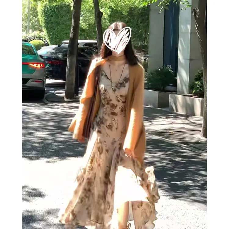 长袖毛衣+吊带连衣裙慵懒穿搭休闲套装针织开衫两件套女秋冬00565