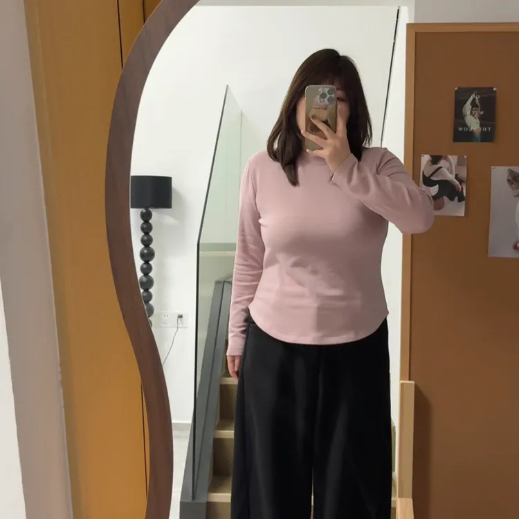 大码胖妹妹秋冬新款显瘦韩系气质小立领软糯百搭小收腰打底T恤