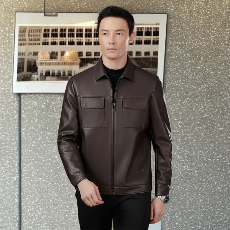 男士秋冬新款真皮外套翻领百搭时尚皮衣夹克外套时尚简约短款外套