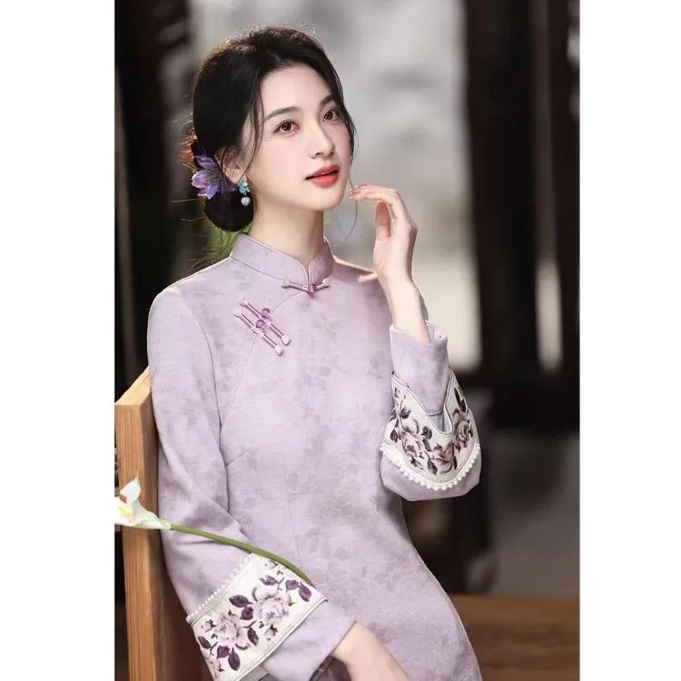 苏故里【十里蔷薇】新款加绒加厚日常改良旗袍紫色粉色甜美减龄
