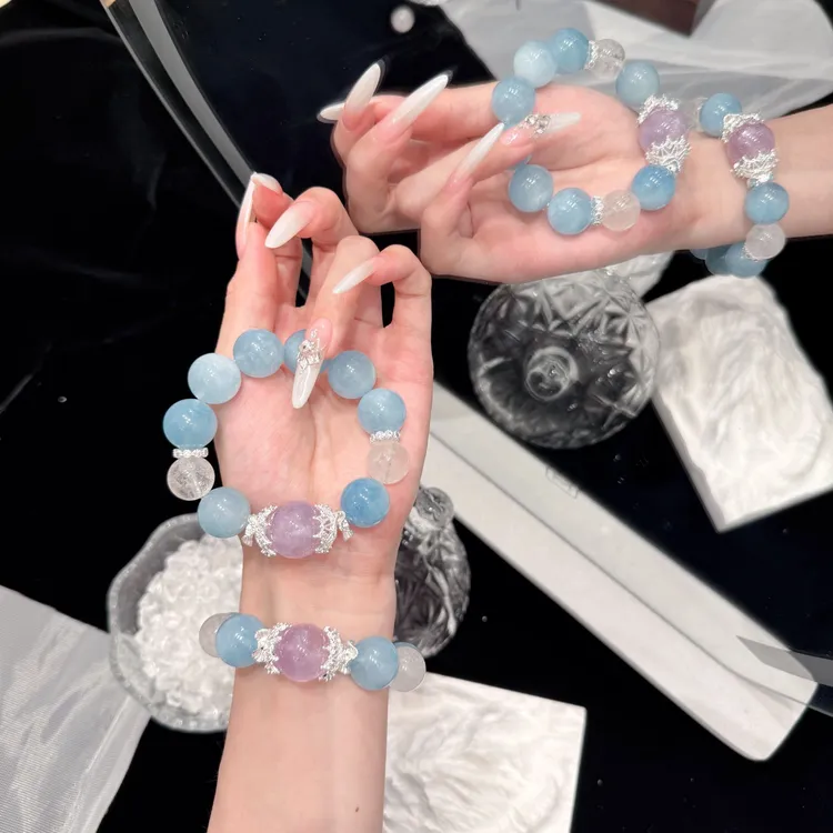 【岛屿】高货天然海蓝宝水晶手串女款白幽灵薰衣草手串多样性发一
