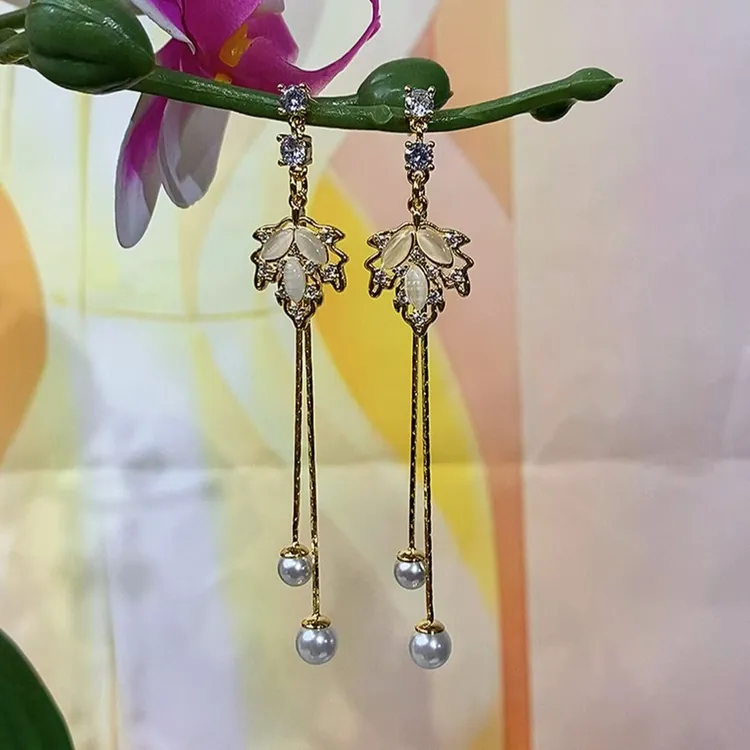 铜合金锆石耳饰 （64号）金色简约植物花卉几何形耳环小众长款