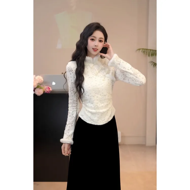 YUANLIANSU/圆脸酥【蕾丝绮梦】新中式国风盘扣立领蕾丝打底衫上衣