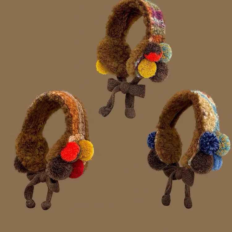 复古毛绒毛球针织耳罩女冬季加厚保暖系带百搭护耳耳套防风耳捂子