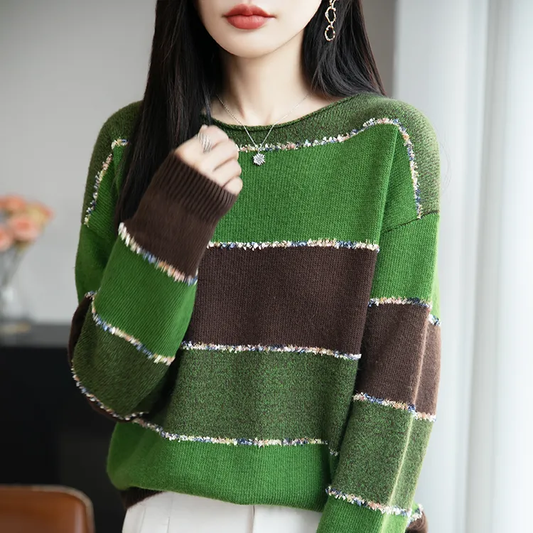 正品哥弟新款法式复古条纹羊毛针织衫女系毛衣2025新款显瘦打底衫