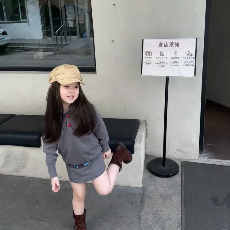 壹妈童装女童时尚套装秋季新款洋气女宝时髦灰色上衣半裙牛仔衬衫