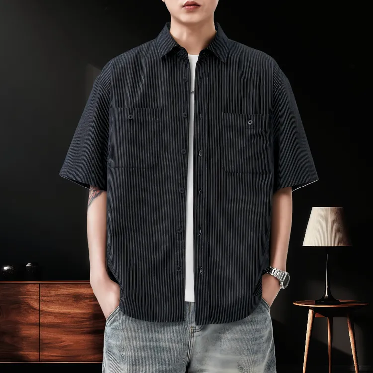 竖条纹短袖衬衫男夏季新款潮牌纯棉百搭痞帅高级感宽松休闲衬衣潮