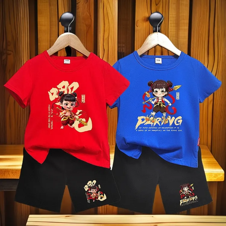 中国套头短袖裤子夏季女童半袖圆领卡通运动男童大童