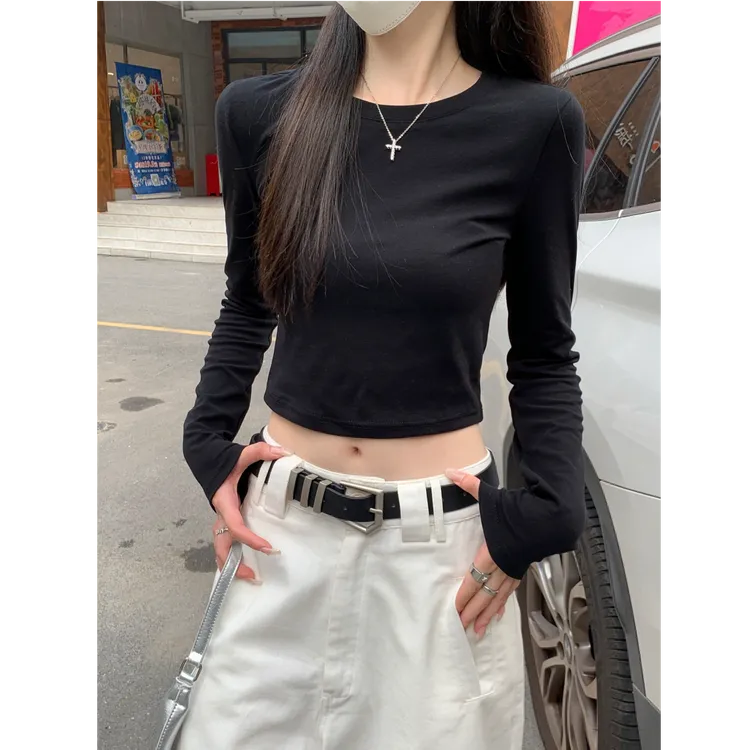 辣妹短款设计感小众圆领白色基础纯棉长袖T恤女春秋冬内搭上衣女