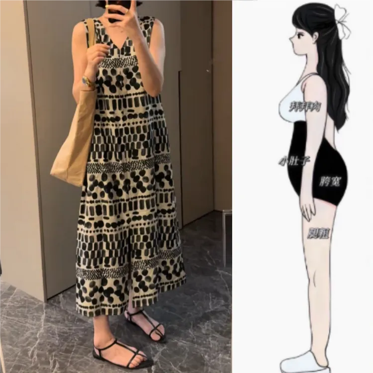 夏季新款女装印花波点背心前开衩连衣裙女高级感洋气撞色无袖长裙