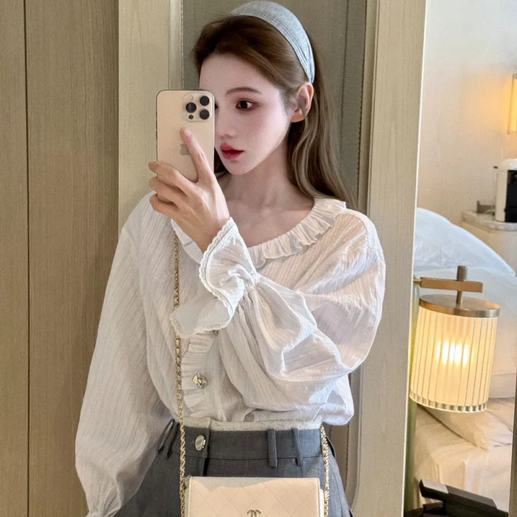  2025新款木网红耳衬衫长袖小香风灰色百搭休闲半身裙套装时尚潮