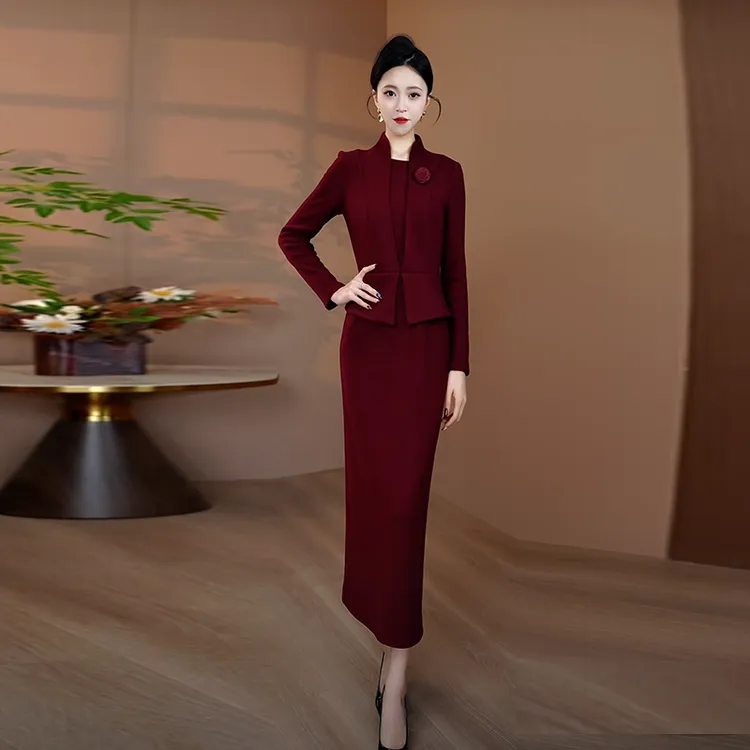 假两件秋冬加厚毛呢连衣裙女2025新款修身显瘦裙子气质时尚长裙