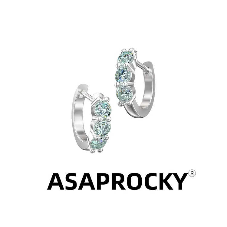 铜合金锆石耳饰 AR 银针锆石嘻哈风三钻马尔代夫蓝百搭养耳洞耳饰