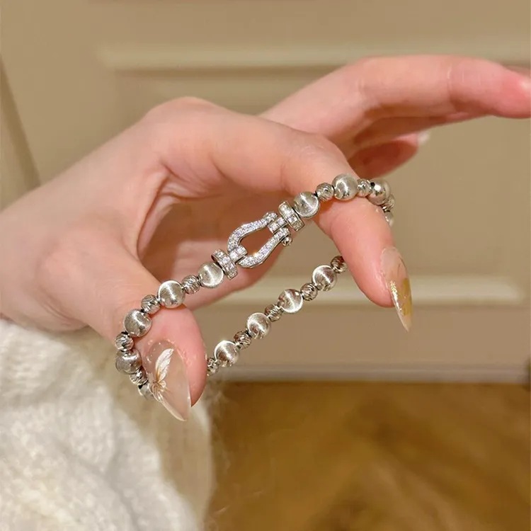 铜合金手链 中古拉丝锆石马蹄扣珠珠手链复古重工高级感叠戴手串