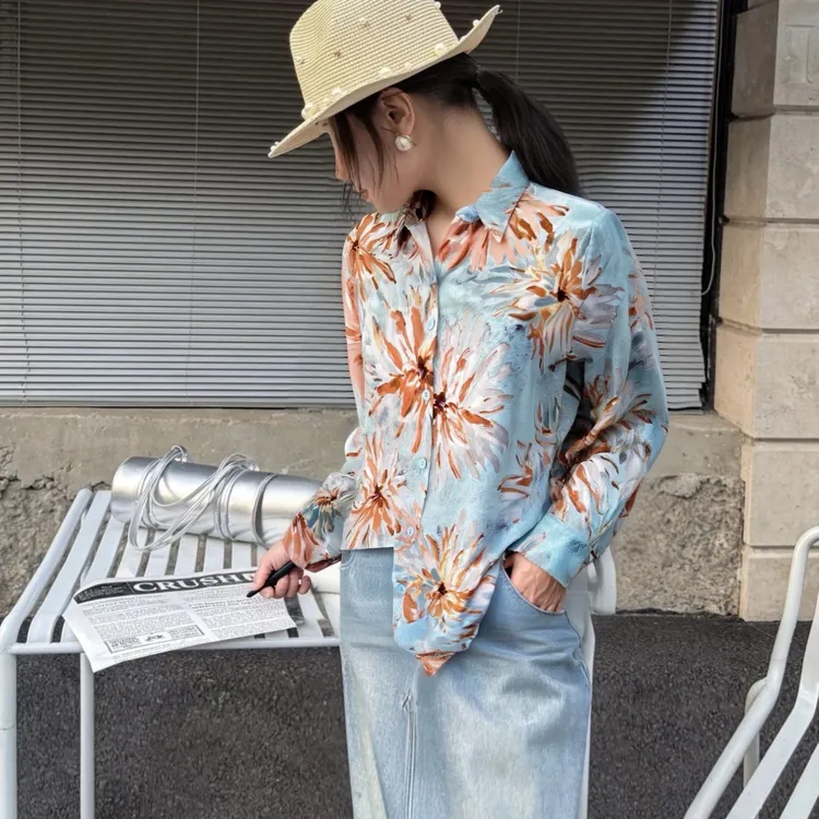 【璀璨烟花】早秋重磅宽松气质时尚休闲慵懒风衬衣花衬衫女港风上衣