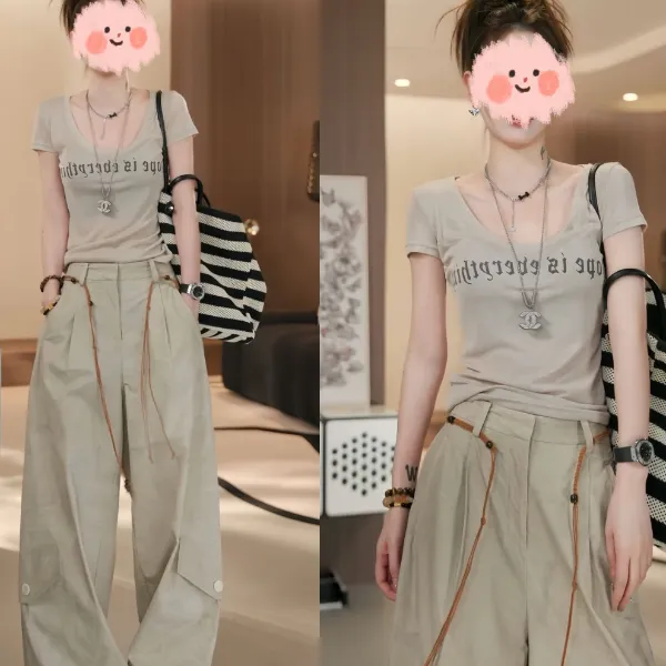 休闲风2025夏季时尚休闲印花短袖t恤女上衣阔腿工装裤两件套甜酷