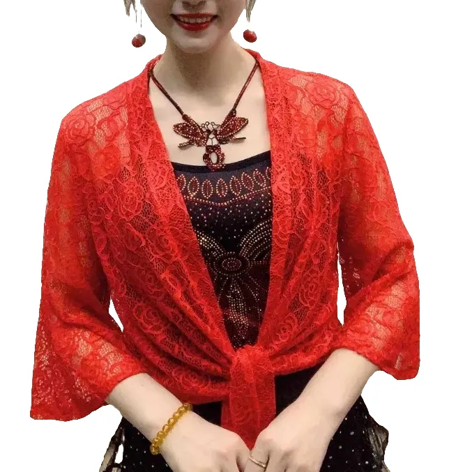喇叭袖短款女蕾丝系带2025夏季短外套百搭大码防晒衣打底网红上衣