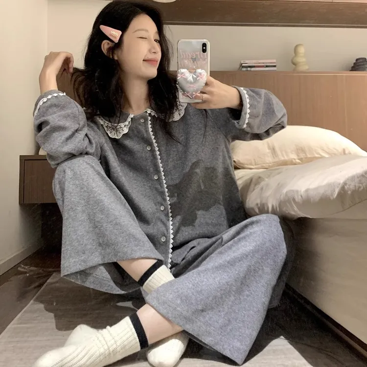 毛巾绒睡衣女款春秋高级感长袖网红蕾丝娃娃领灰色薄绒家居服套装