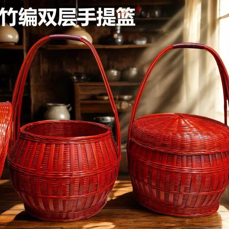 竹编拜神提篮双层圆形带盖收纳篮手提竹篮水果结婚喜庆复古家用篮