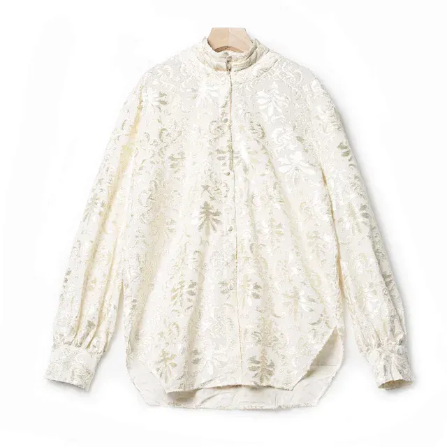 【葳葳私服】金色叠领烧花衬衣+开叉半裙