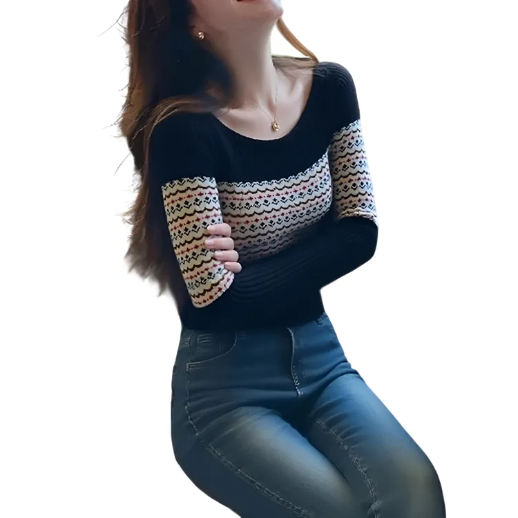 韩系慵懒松弛感上衣高级感chic别致黑色拼接针织内搭打底T恤女秋