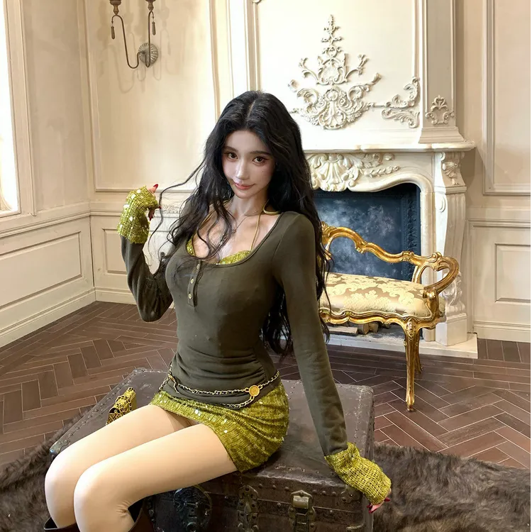 2025秋冬纯欲风假两件辣妹修身收腰百搭长袖上衣气质半裙两件套女