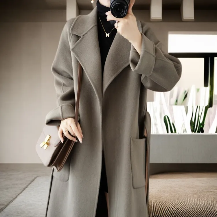 【官方奥特莱斯】100%纯羊毛双面呢羊绒大衣女中长款宽松加厚胖妈遮