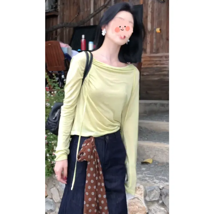 黄色小香风斜肩长袖打底衫女初春韩系穿搭修身百搭内搭上衣时尚
