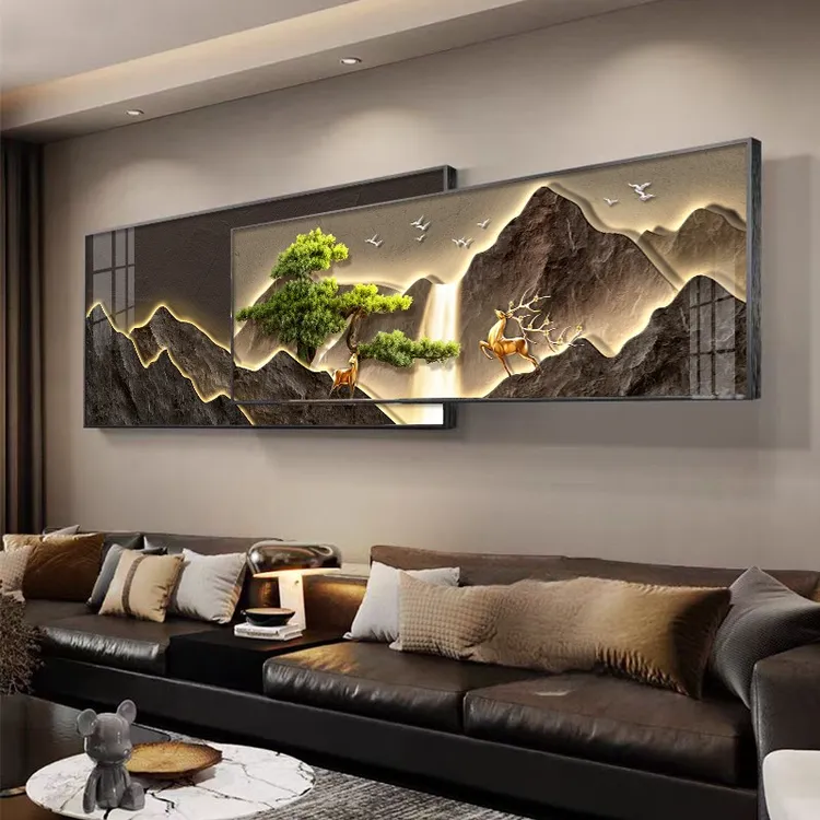 流水生财装饰画新中式迎客松客厅画大气风景画沙发背景墙叠加挂画