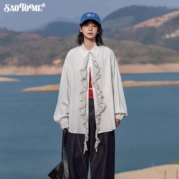 早乙女惠子木耳边垂感长袖衬衫2277