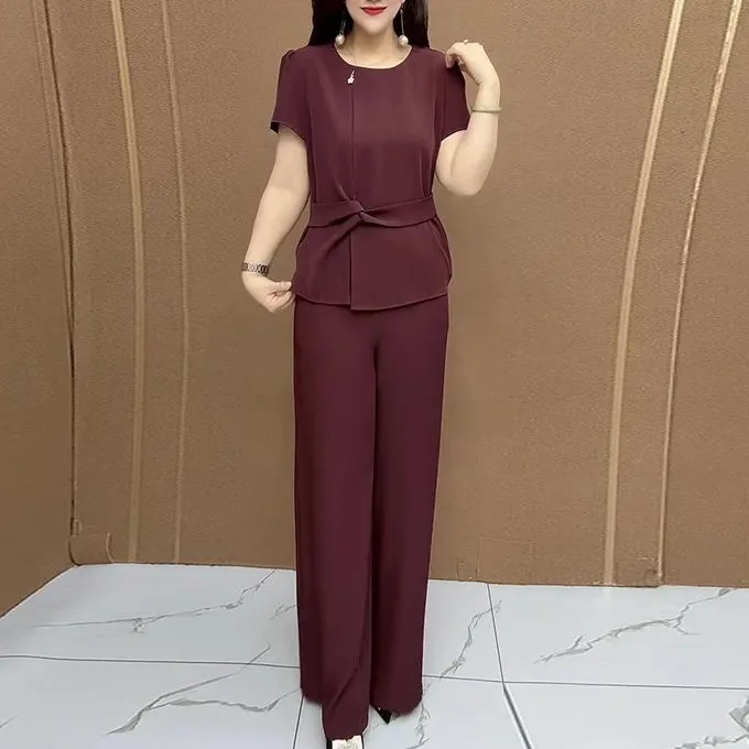 中年妈妈装减龄休闲收腰时尚两件套夏季女士纯色洋气套装遮肉显瘦