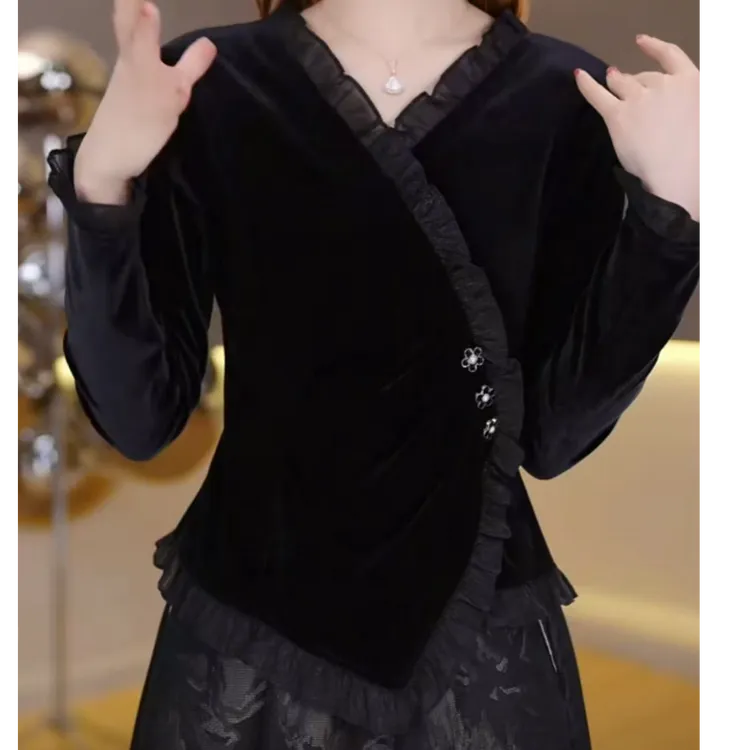 轻奢丝绒交叉V领花边洋气长袖上衣女2025秋气质小衫长袖打底T恤 