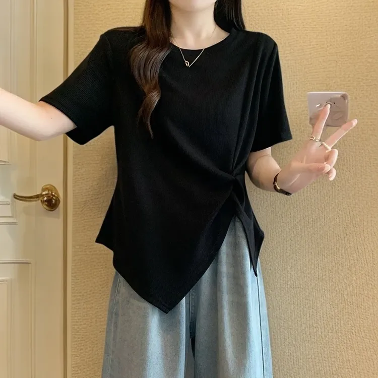 大码黑色正肩t恤短袖女2025新款夏季胖mm不规则遮肚显瘦微胖上衣