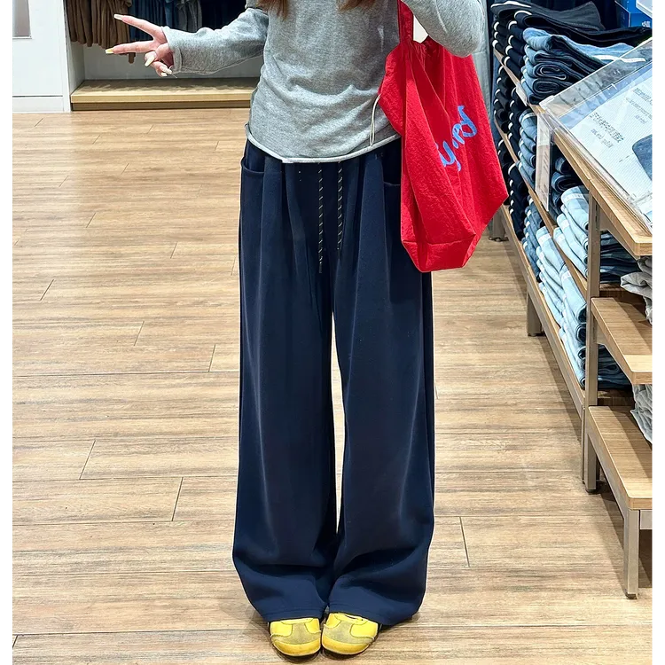 藏青色美式阔腿运动裤女秋冬新款加绒胖mm梨型身材宽松显瘦休闲裤