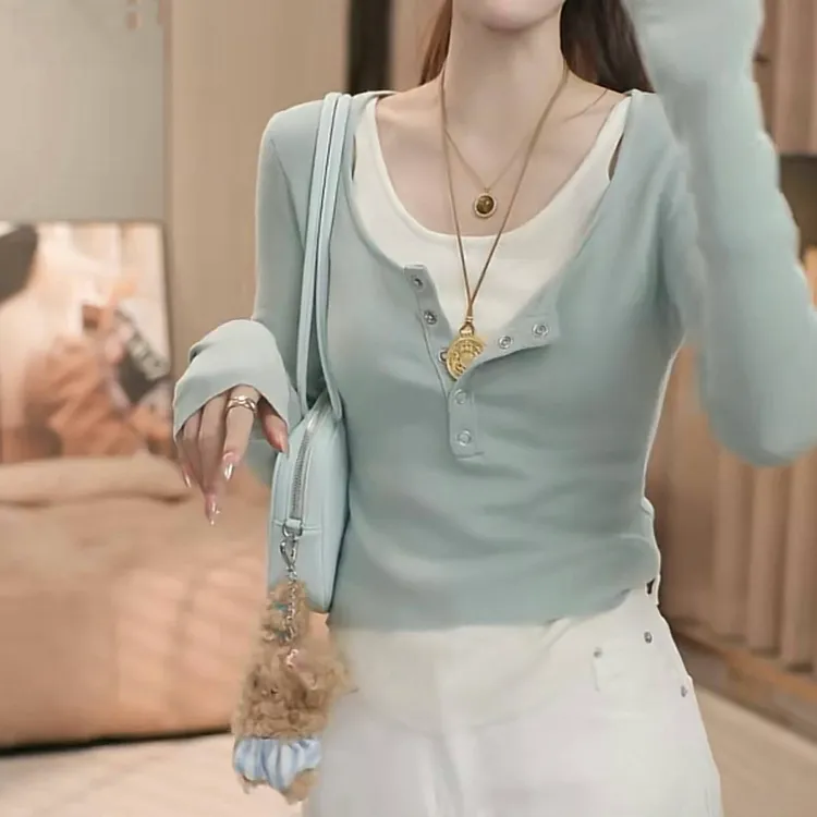 韩版洋气气质套装假两件针织衫女春季2025新款常规款撞色拼接上衣