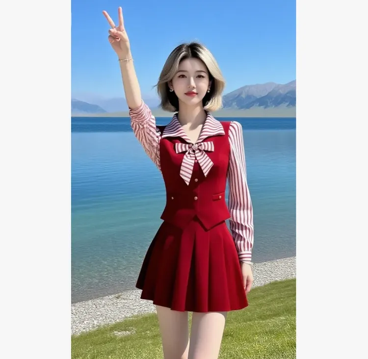 【当天发】通勤风条纹拼接长袖修身上衣+红色百搭高腰半身裙两件套