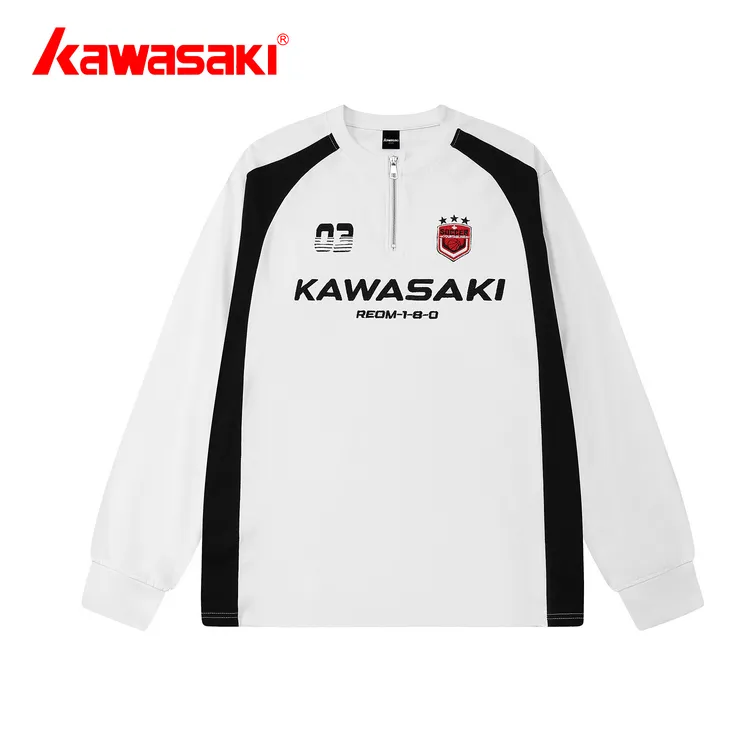 kawasaki/川崎【明星同款】重磅纯棉印花美式拼接半拉链短袖长袖T恤