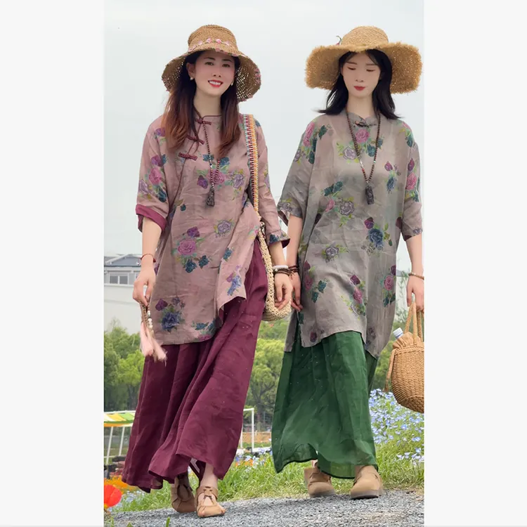 花汐语品牌【花影】重工款100%42支印花苎麻 新中式盘扣苎麻衬衫裙