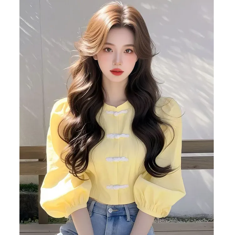 2025春爆款流行气质百搭减龄新中式上衣高级独特漂亮黄色盘扣衬衫